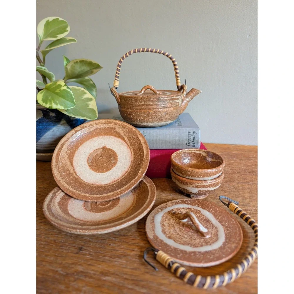 Vintage Japanese Studio Pottery Tea Set Woven Handle Stoneware Brown 5 Piece